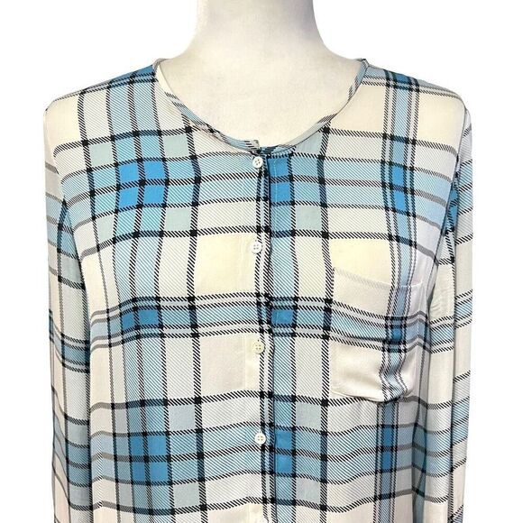 Joie Blue Multi Color Plaid Silk Shirt Medium Button Up Roll Tab Sleeves - Picture 7 of 15